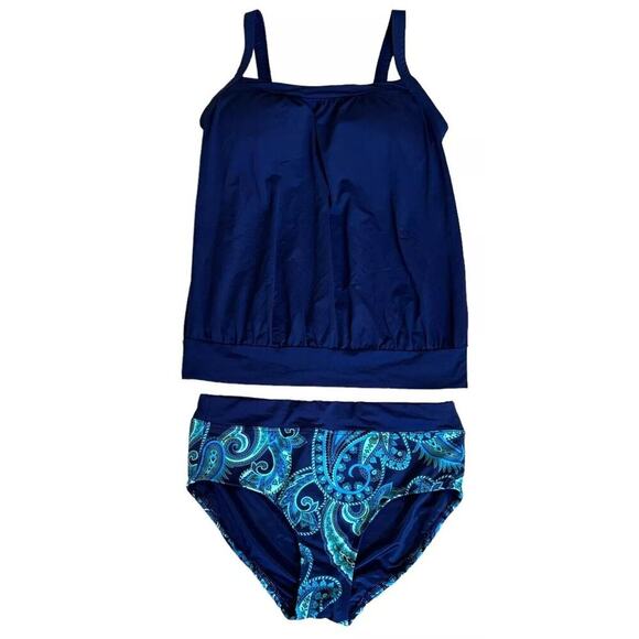 Lands End Navy Blue Paisley Blouson Tankini Top & Bottoms Swimsuit 6D - Picture 1 of 6